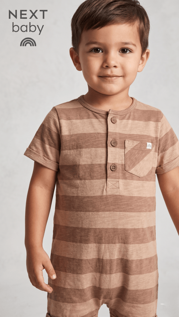 Next Baby Minimalist Earth-Tone Striped Henley Romper (BG-000580)