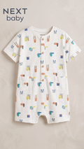 Next Baby White Geometric Animal Print Button-Front Romper (BG-000588) - romper