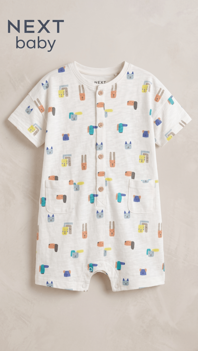 Next Baby White Geometric Animal Print Button-Front Romper (BG-000588) - romper