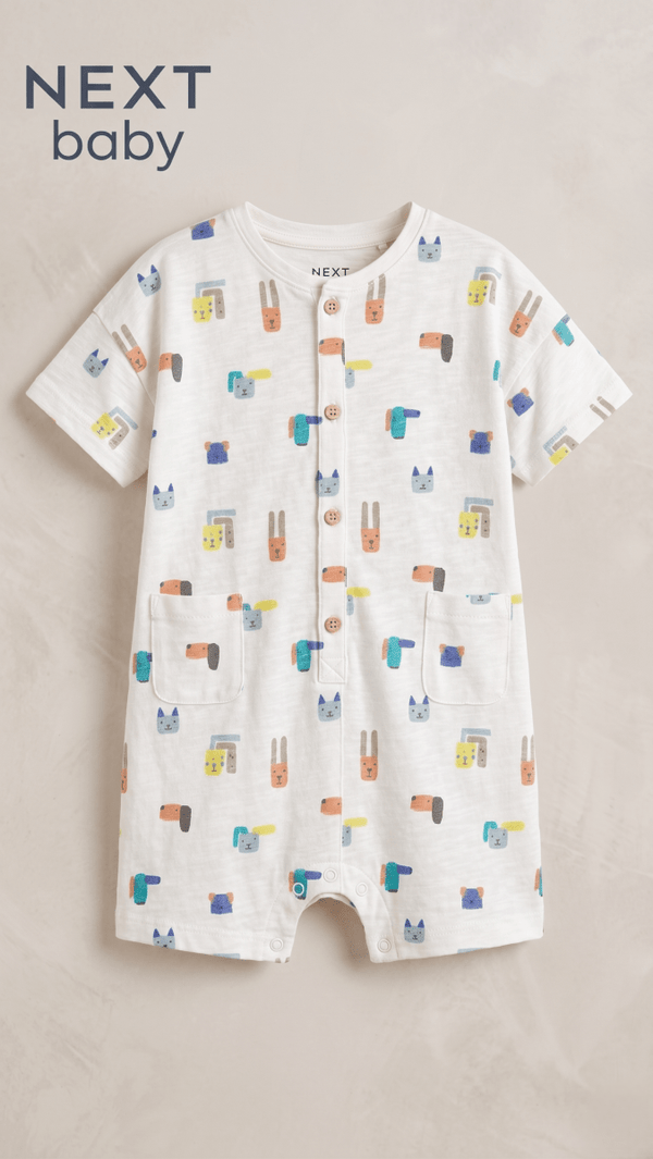 Next Baby White Geometric Animal Print Button-Front Romper (BG-000588) - romper