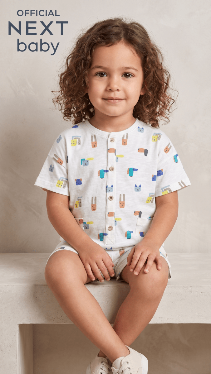 Next Baby White Geometric Animal Print Button-Front Romper (BG-000588) - romper