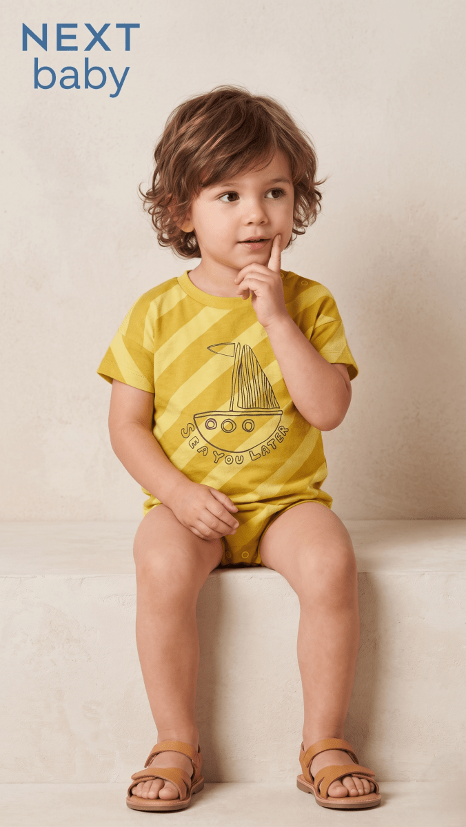 Next Baby Yellow Diagonal Stripe 'Sea You Later' Romper (BG-000584) - romper