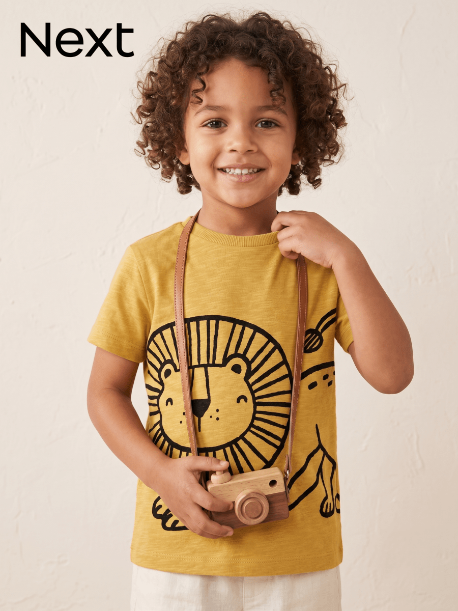 Next Boys' Lion Line Art Graphic T-Shirt - Mustard Yellow (BG-000759) - boy tshirt