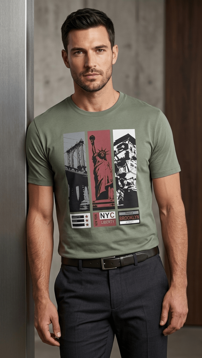 NYC "Liberty" Triptych Sage Green Graphic Tee (BG-000662) - men shirts
