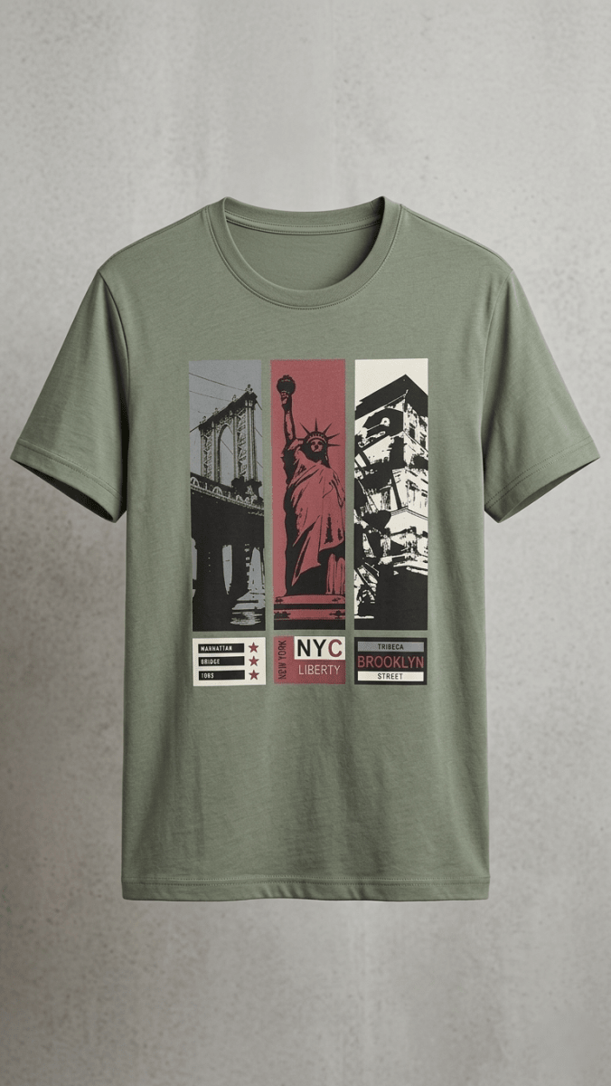 NYC "Liberty" Triptych Sage Green Graphic Tee (BG-000662) - men shirts