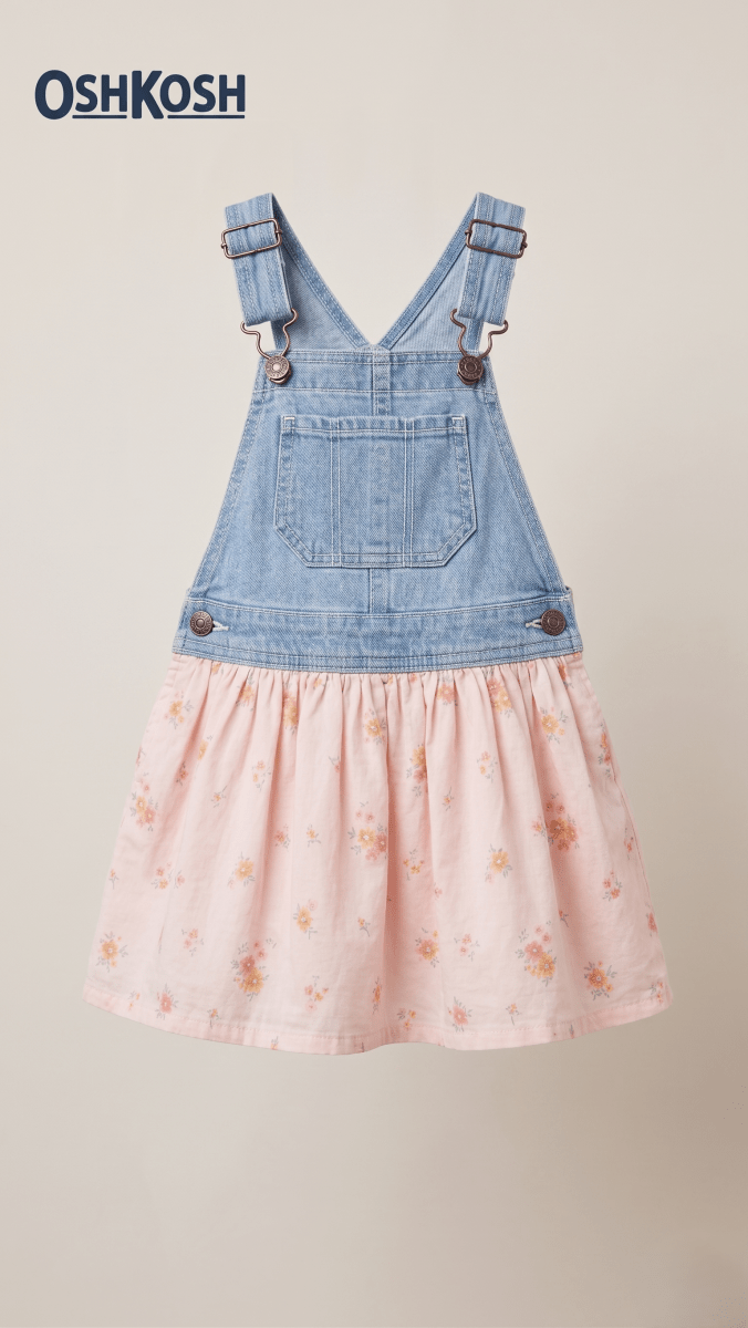 OshKosh Denim & Pink Floral Dungaree Dress (BG-000574) - frock
