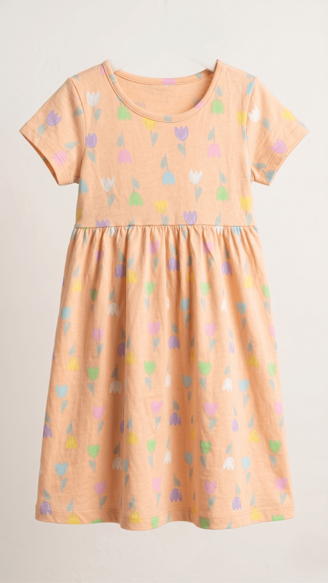 Peach Tulip Print Cotton Skater Frock (BG-000644) - frock