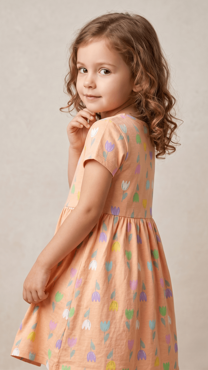 Peach Tulip Print Cotton Skater Frock (BG-000644) - frock