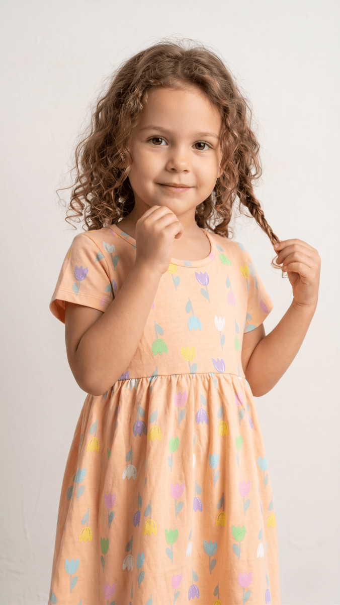 Peach Tulip Print Cotton Skater Frock (BG-000644) - frock