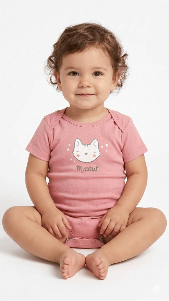 Pink Cat Face Printed Bodysuit (BG-000416) - Bodysuit