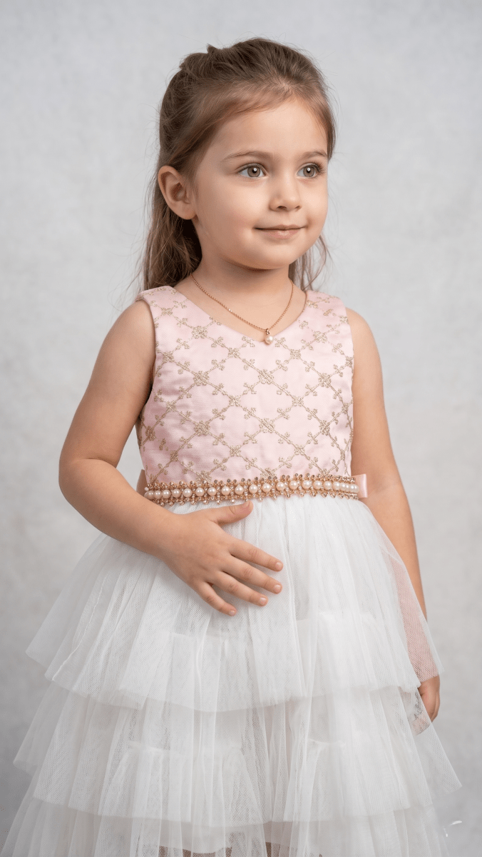 Pink Gold Embroidered & White Tiered Tulle Gown (BG-000636) - frock