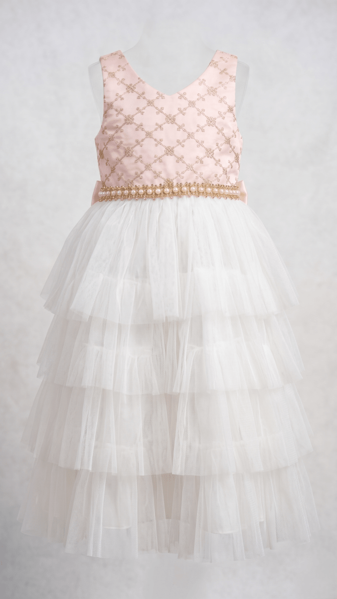 Pink Gold Embroidered & White Tiered Tulle Gown (BG-000636) - frock