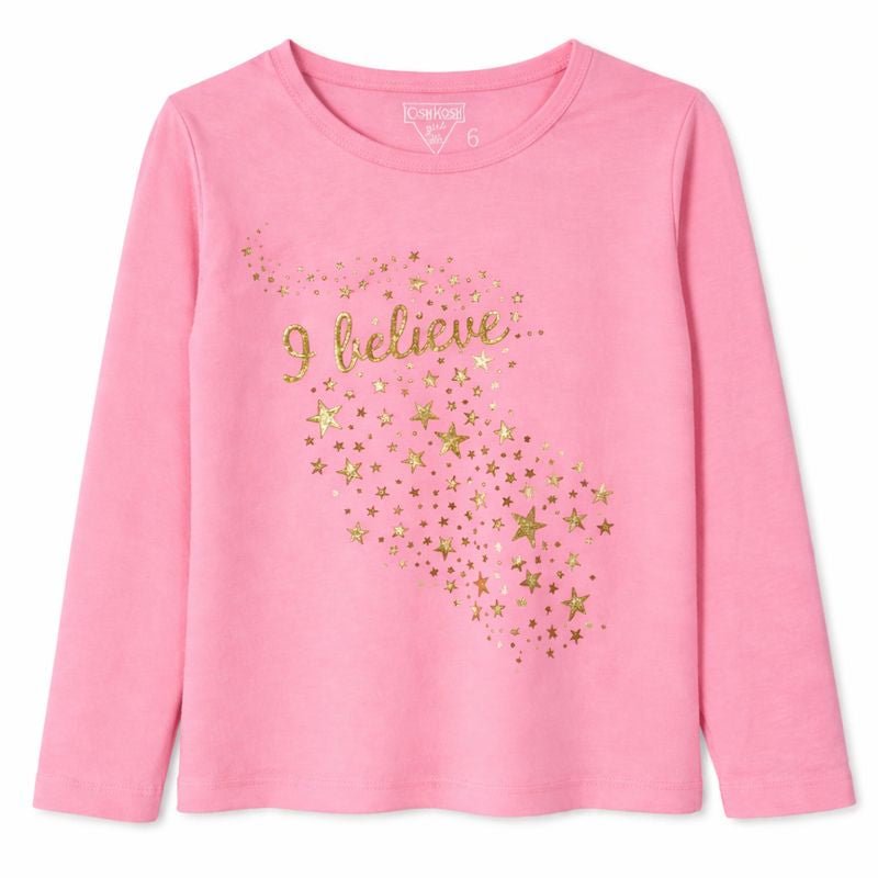 Pink Long Sleeved Shirt with Falling Gold Stars Graphic (BG-000172)