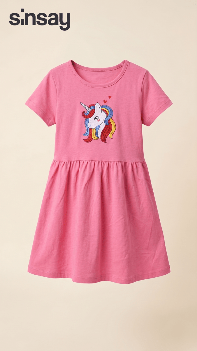Pink Unicorn Embroidered Skater Frock (BG-000643) - frock