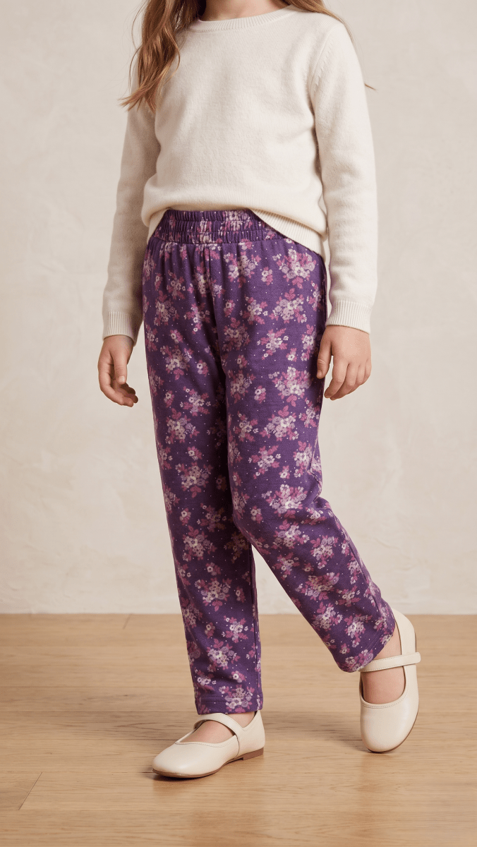 Purple Ditsy Floral Girls' Wide-Leg Trouser (BG-000618) - girl trouser