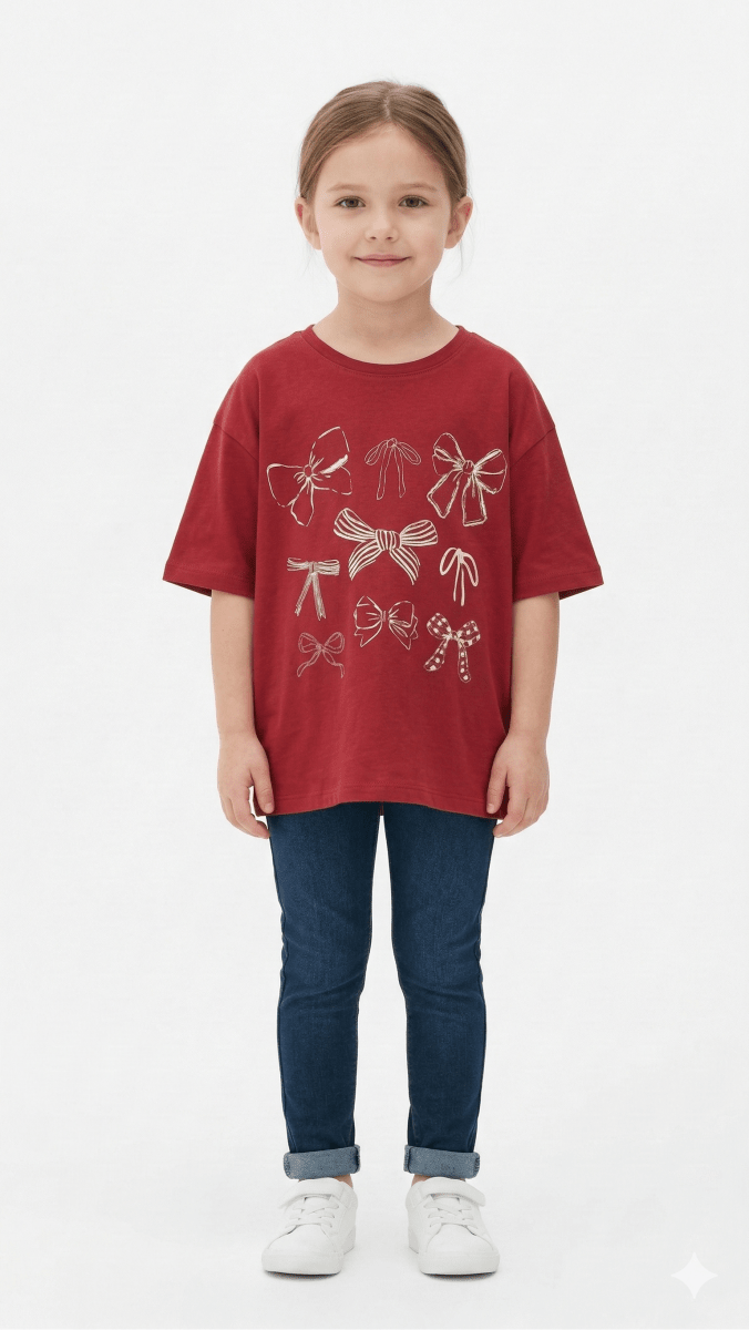 Red Girls Shirt with Bow Graphic Print (BG-000400) - blouse