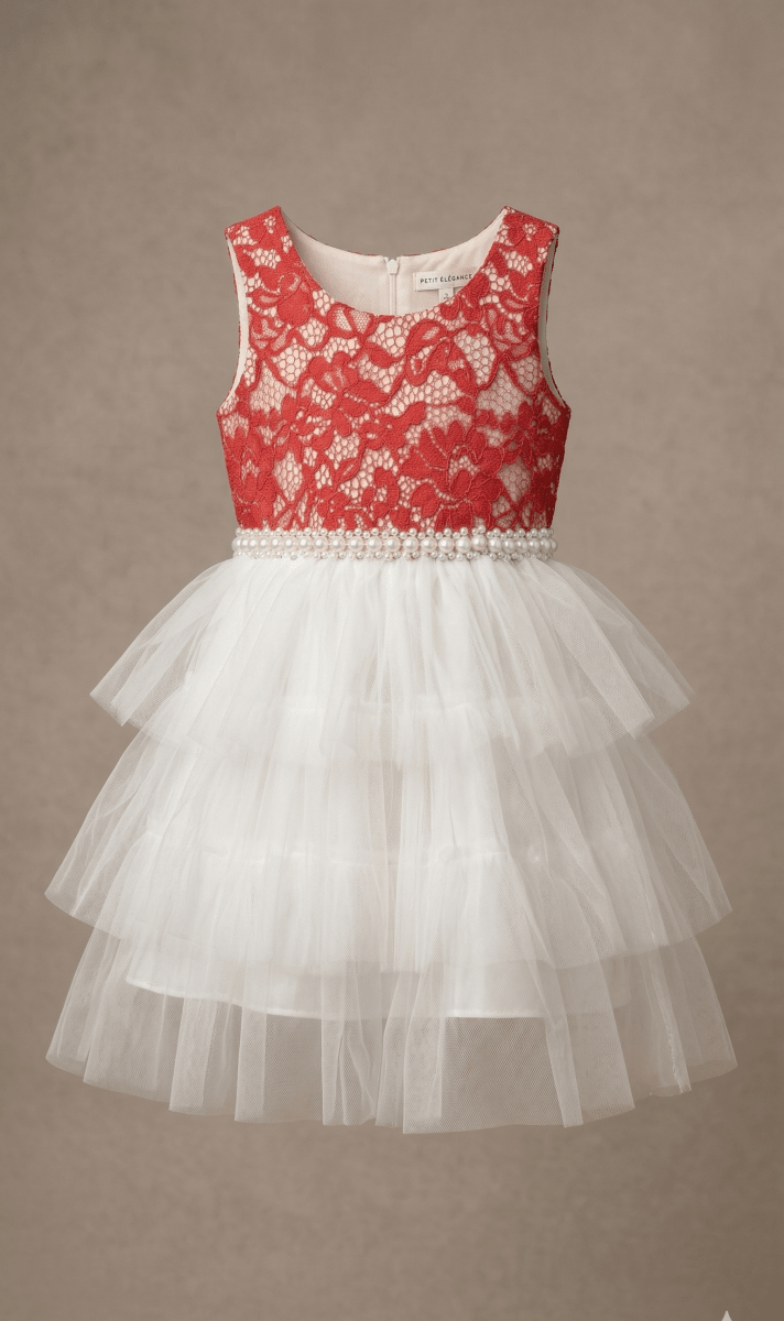Red Lace & White Tiered Tulle Dress (BG-000634) - frock