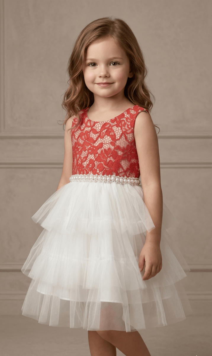Red Lace & White Tiered Tulle Dress (BG-000634) - frock