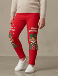 RED TIGHTS WITH WINTER LAND PRINT DOG OPENING GIFT (BG-000800) - girl tights
