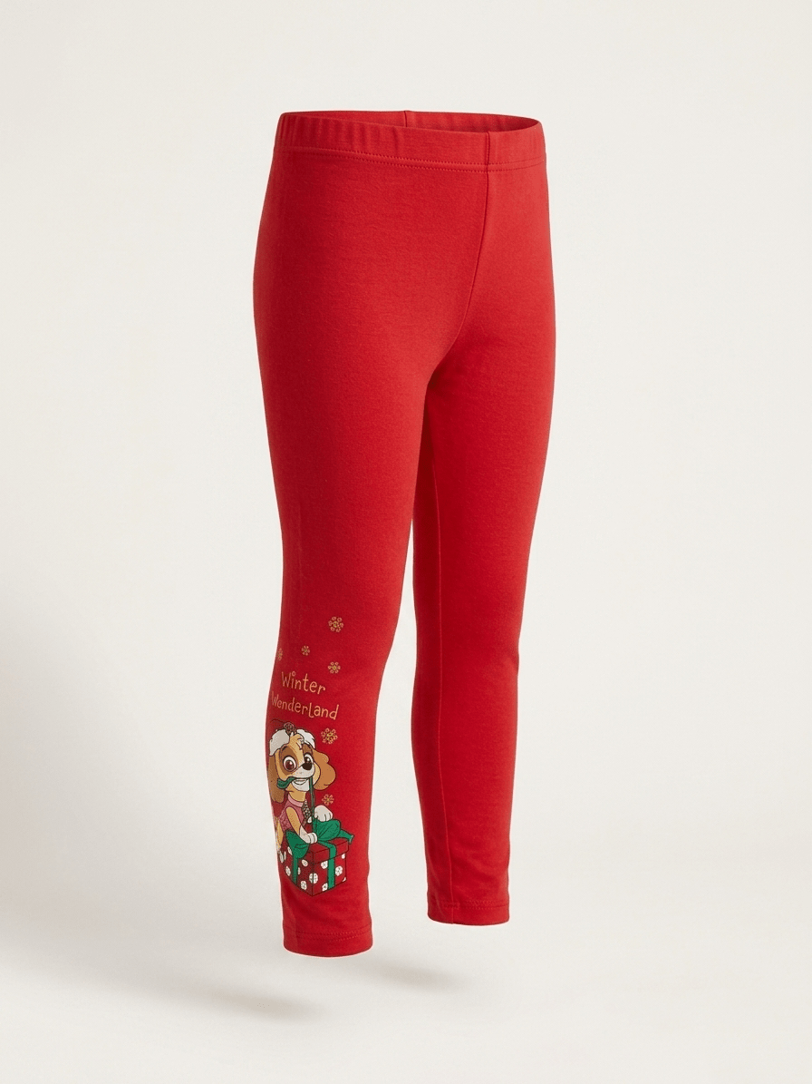 RED TIGHTS WITH WINTER LAND PRINT DOG OPENING GIFT (BG-000800) - girl tights