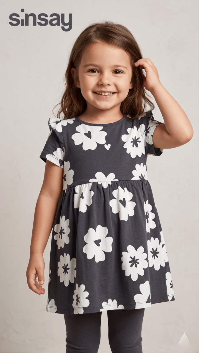 Sinsay Dark Grey Floral Flutter Sleeve Dress (BG-000572) - frock