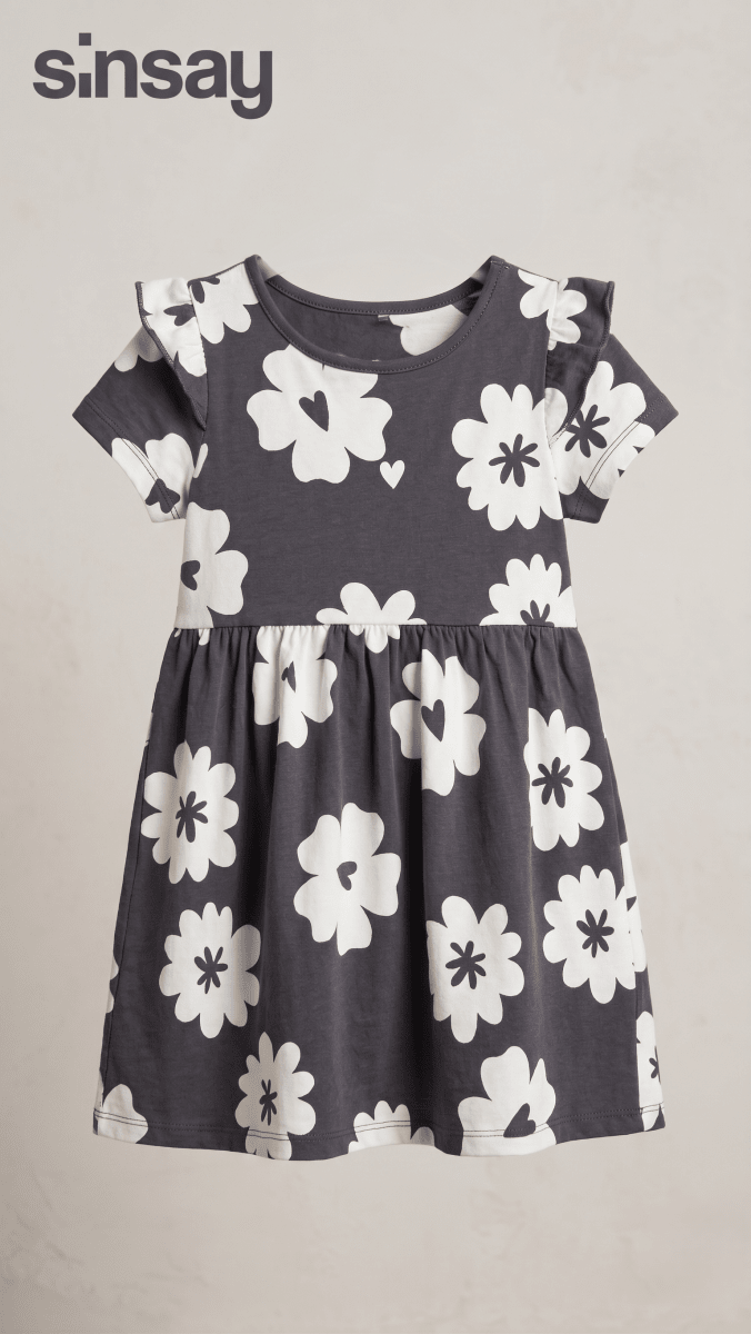 Sinsay Dark Grey Floral Flutter Sleeve Dress (BG-000572) - frock