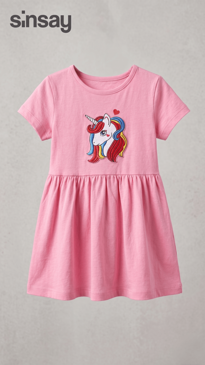 Sinsay Pink Unicorn Embroidered Dress (BG-000570) - frock