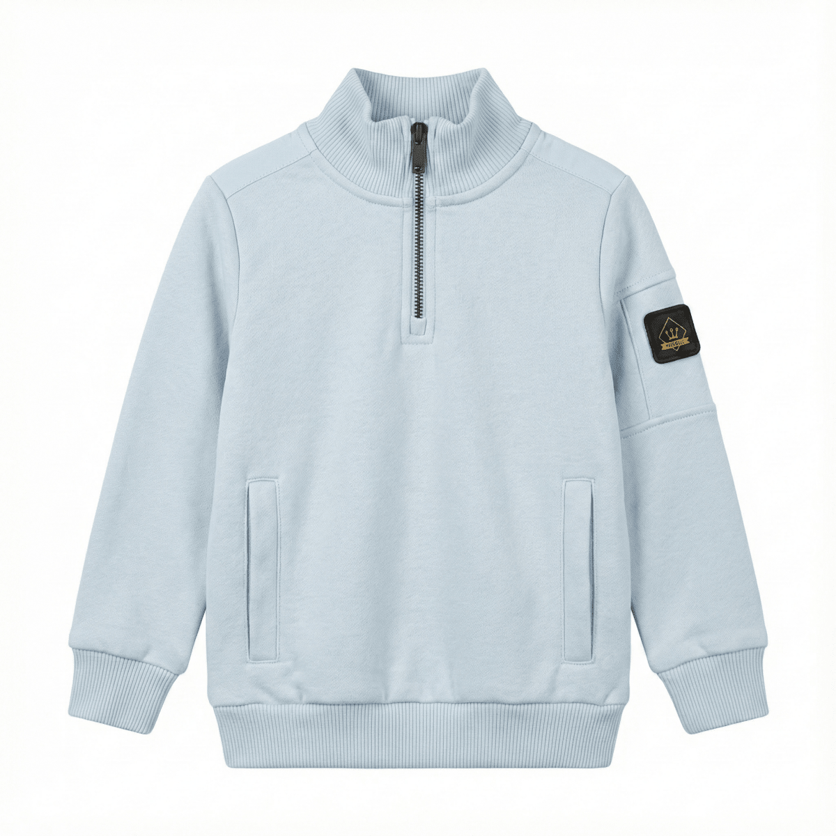 Sky Blue Mock Neck Quarter-Zip Sweatshirt with Sleeve Badge (BG-000089)