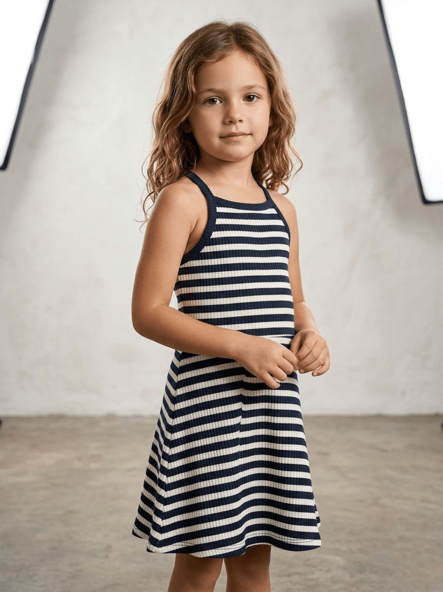 SLEEVELESS FROCK WHITE AND BLACK STRIPES (BG-000789) - frock