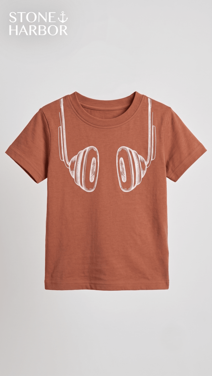 Stone Harbor Boys' Headphone Graphic Short Sleeve T-Shirt - Rust (BG-000849) - boy tshirt