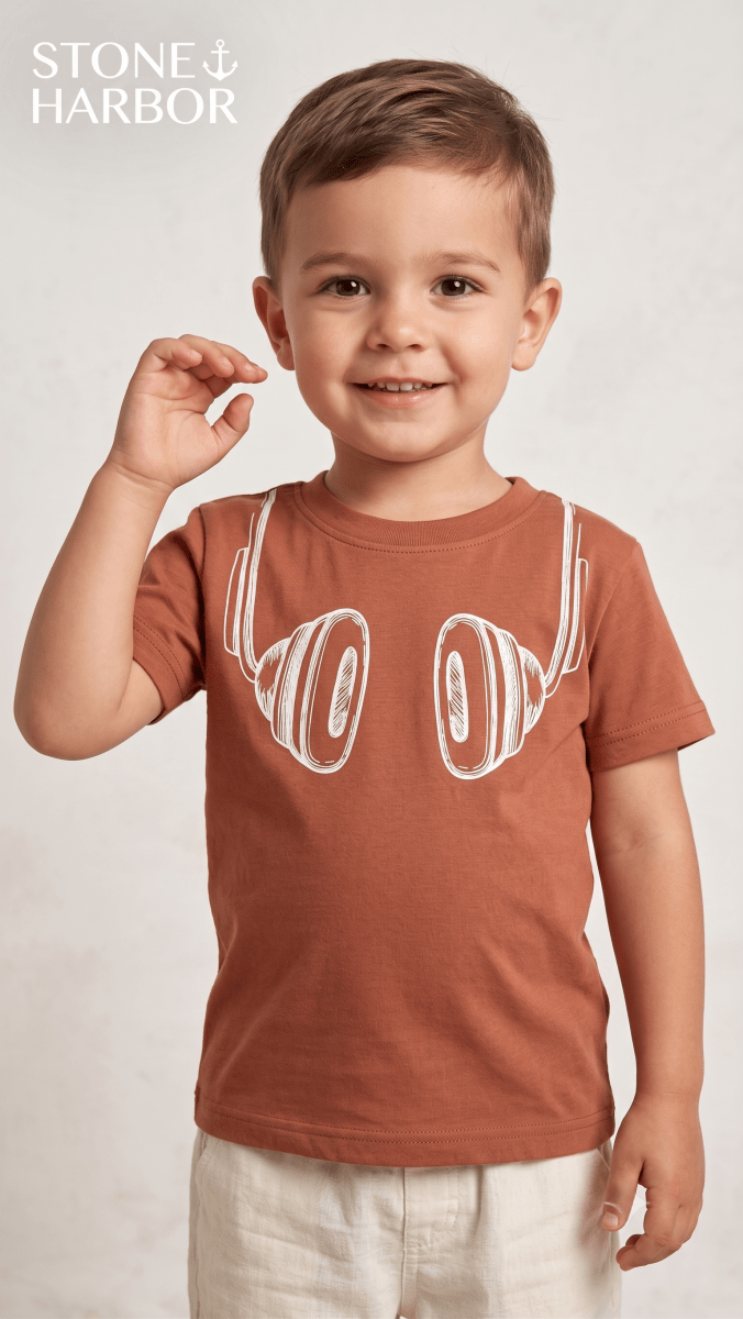 Stone Harbor Boys' Headphone Graphic Short Sleeve T-Shirt - Rust (BG-000849) - boy tshirt