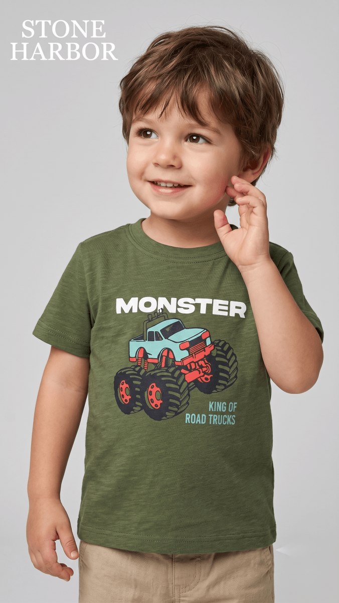 Stone Harbor Boys' Monster Truck "King of Road Trucks" Graphic Tee - Green (BG-000847) - boy tshirt