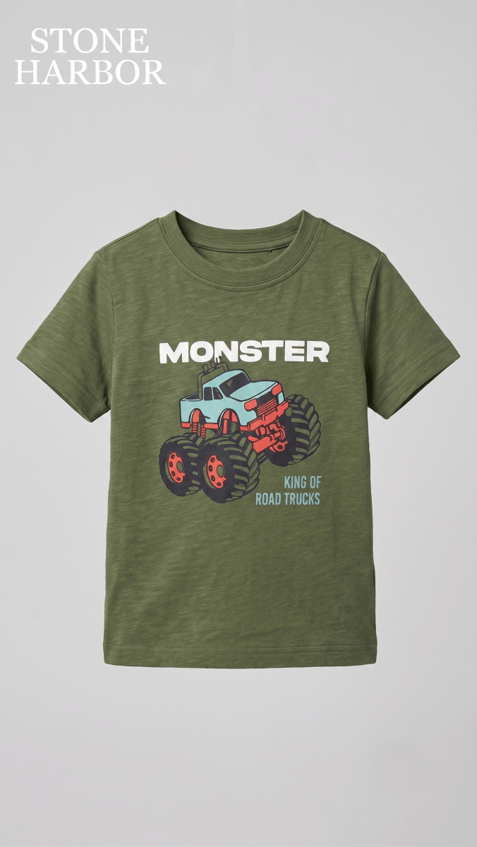Stone Harbor Boys' Monster Truck "King of Road Trucks" Graphic Tee - Green (BG-000847) - boy tshirt
