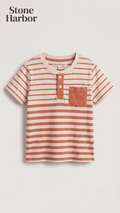 Stone Harbor Boys' Striped Henley T-Shirt with Front Pocket - Orange/Cream (BG-000846)