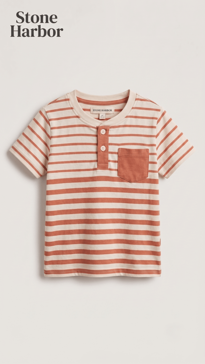 Stone Harbor Boys' Striped Henley T-Shirt with Front Pocket - Orange/Cream (BG-000846)
