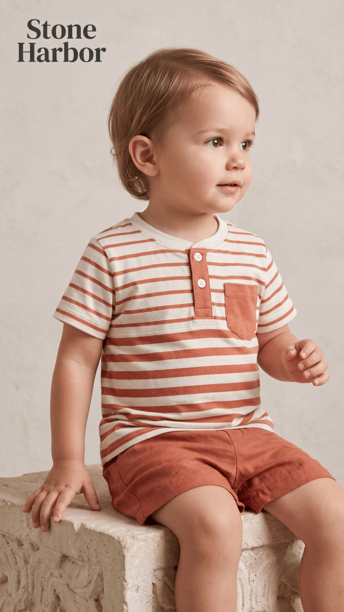 Stone Harbor Boys' Striped Henley T-Shirt with Front Pocket - Orange/Cream (BG-000846)