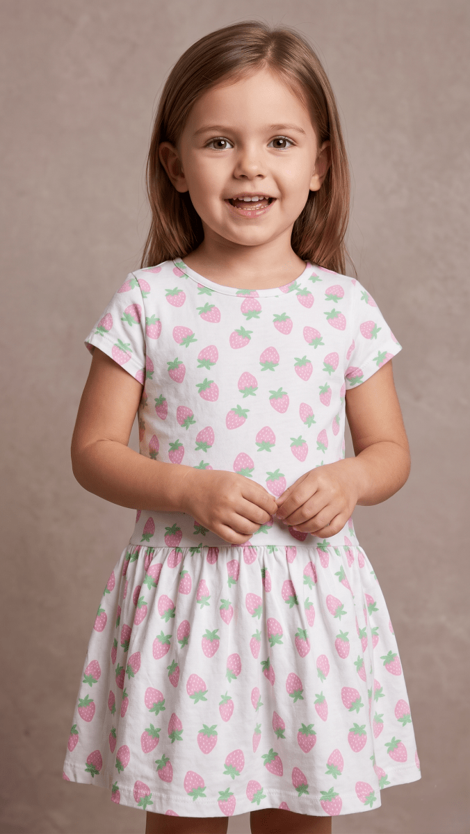 Strawberry Print Drop-Waist Girls' Dress (BG-000569) - frock
