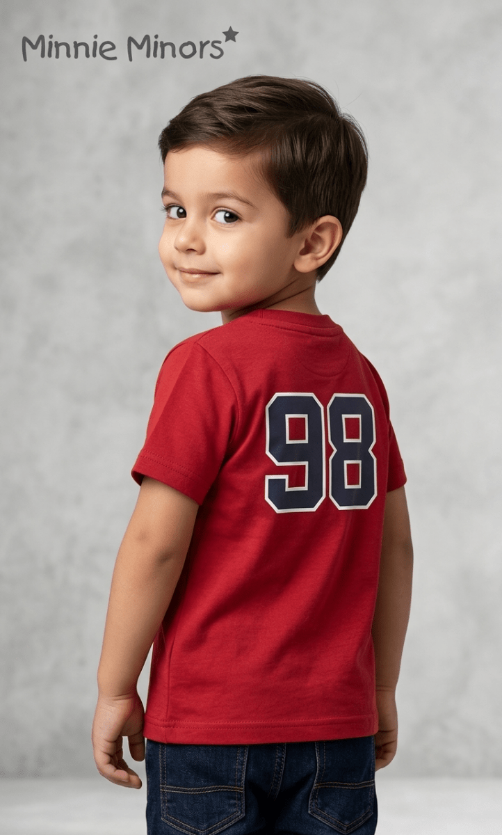 SUPER BOY RED SHIRT 98 PRINT ON BACK SIDE (BG-000676) - boy tshirt