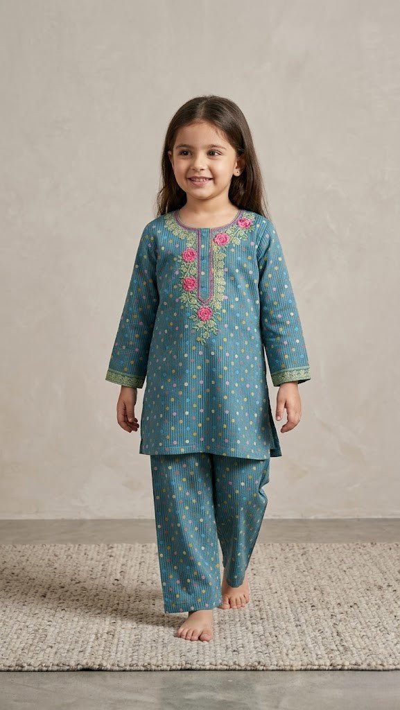 Teal Meadow – Rose Embroidered Dotted 2 Piece Kurta Set (BG-000695)