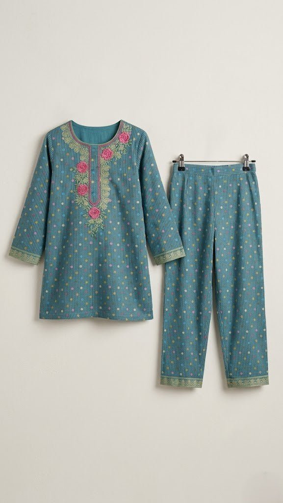 Teal Meadow – Rose Embroidered Dotted 2 Piece Kurta Set (BG-000695)