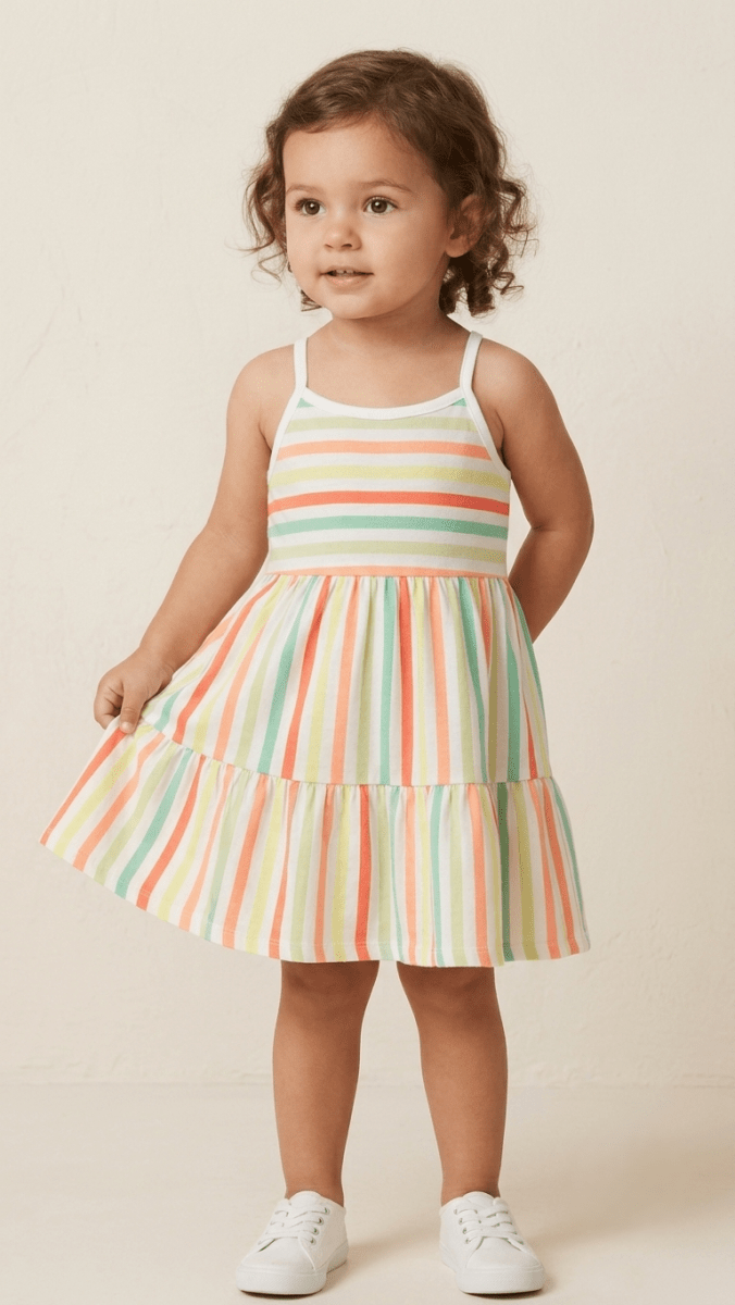 Toddler Girls' Pastel Striped Tiered Sleeveless Summer Dress (BG-000868) - frock