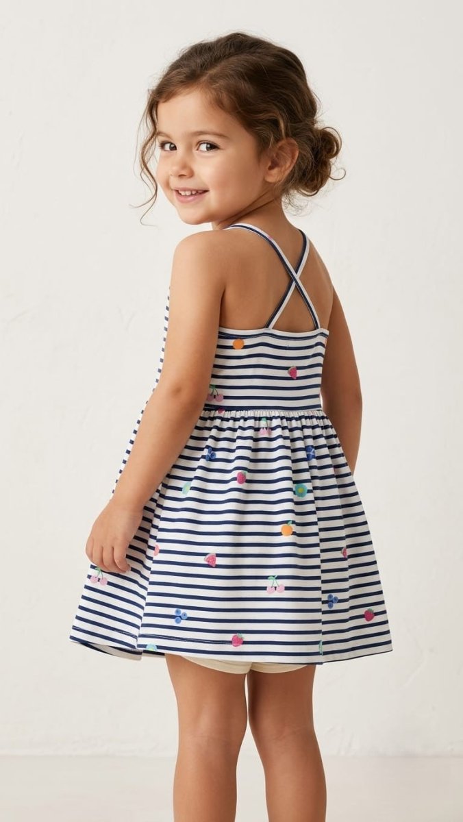 WHITE & BLUE FROCK STRIPES WITH FRUIT PRINTS (BG-000867) - frock