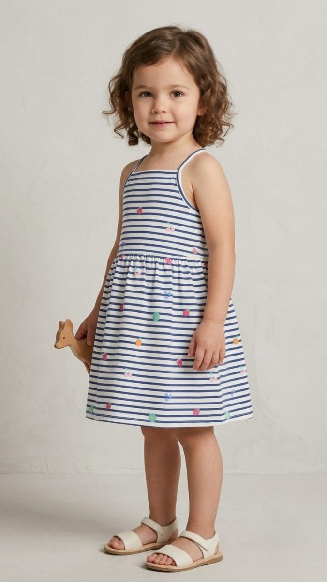 WHITE & BLUE FROCK STRIPES WITH FRUIT PRINTS (BG-000867) - frock