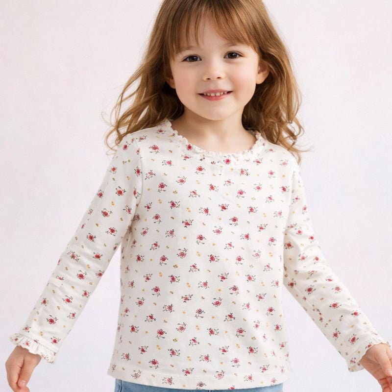 White Long Sleeve with Red & Green Ditsy Print (BG-000171)