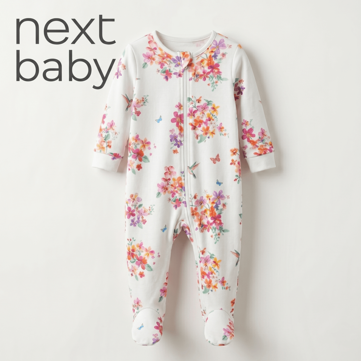 White Tropical Floral & Hummingbird Zip Romper (BG-000642)