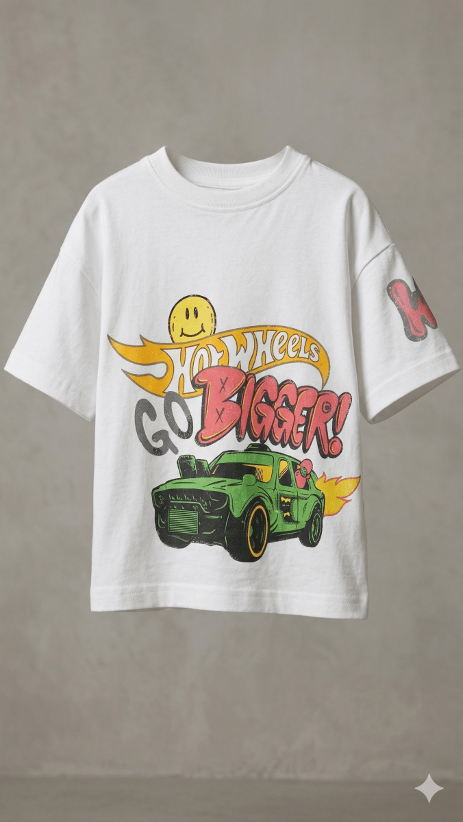 white with hot wheel bigger car BG-000480 - boy tshirt